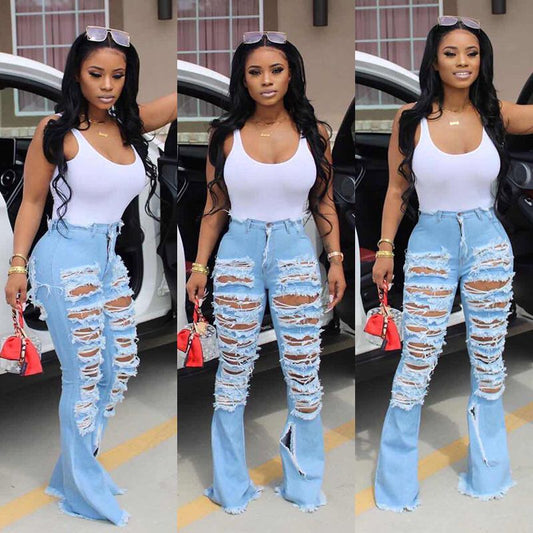 KG4160 Wide Leg Ripped Personality Street Trend Horn Bell Bottom Denim Pants Jeans Women