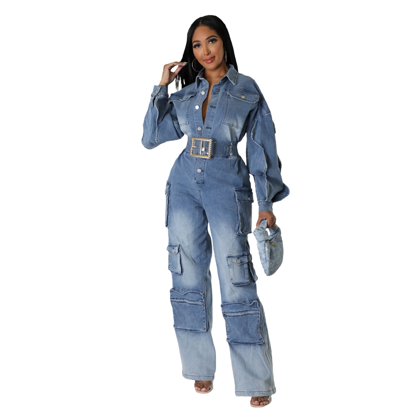 European And American Overalls Washed And Worn Denim Jumpsuit More Pockets