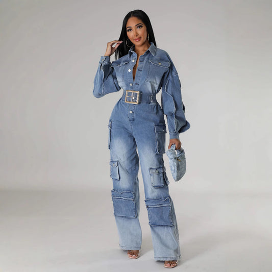 European And American Overalls Washed And Worn Denim Jumpsuit More Pockets