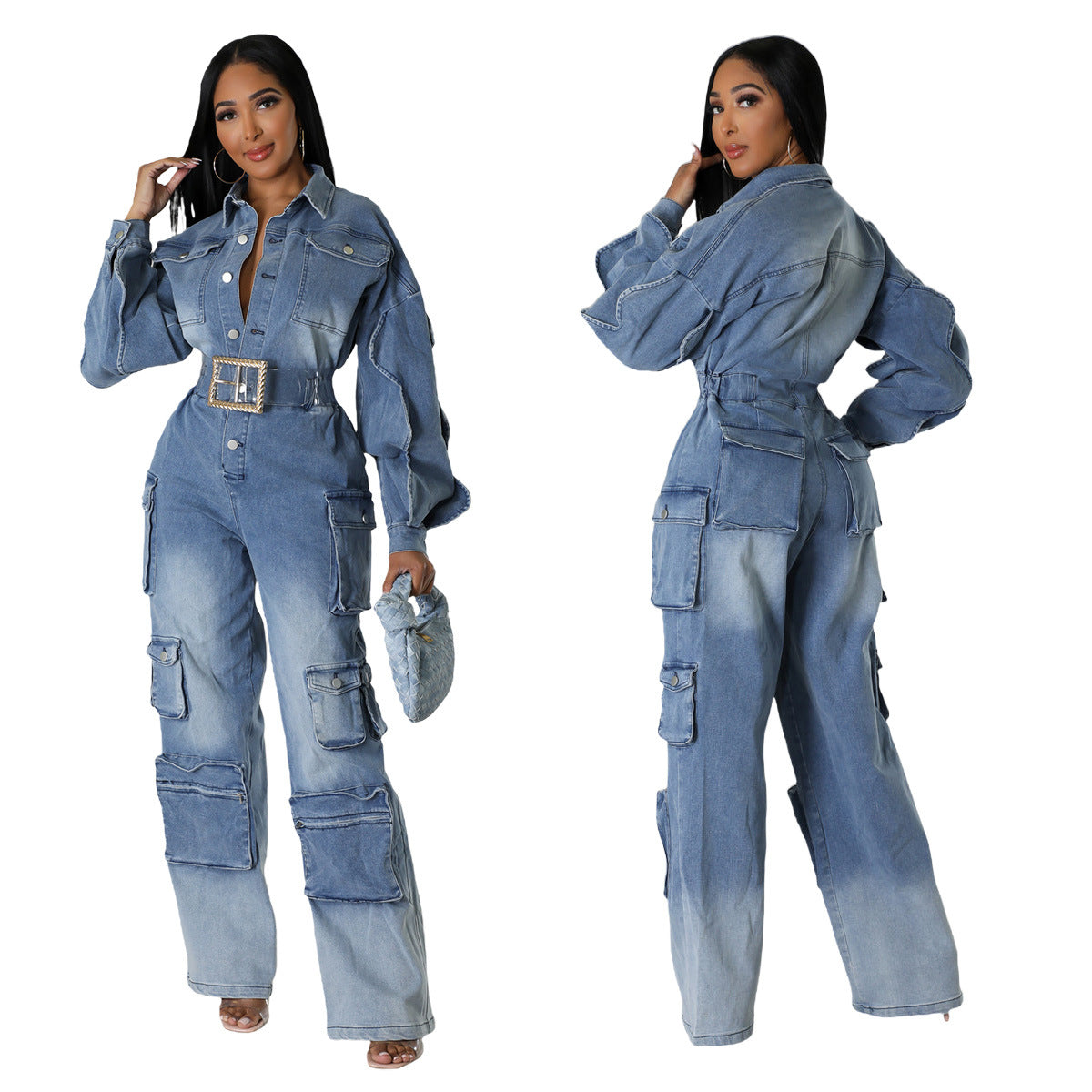 European And American Overalls Washed And Worn Denim Jumpsuit More Pockets