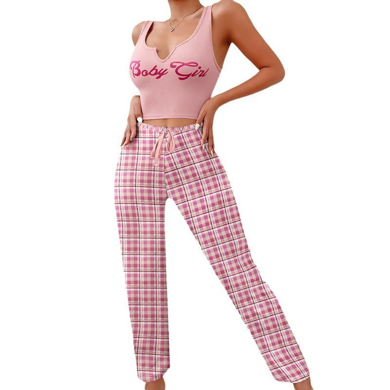 Spring Summer Women's Casual Pajamas Home Wear Vest Color Matching Plaid Trousers Letter Print Top Ladies 2 Pcs Home Clothes Sleepwear